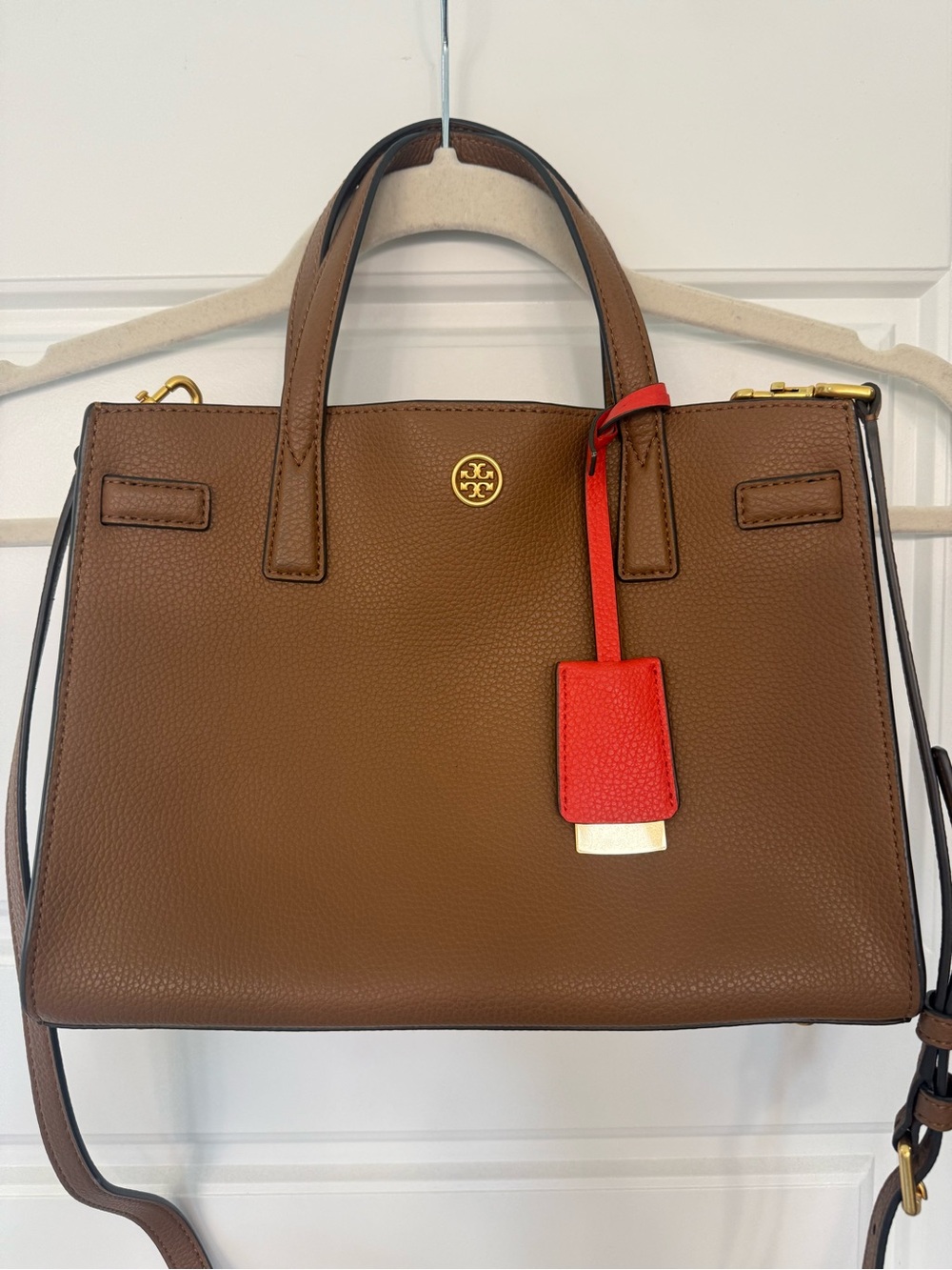 Tory Burch Brown Leather Satchel with Red Tag Accent
